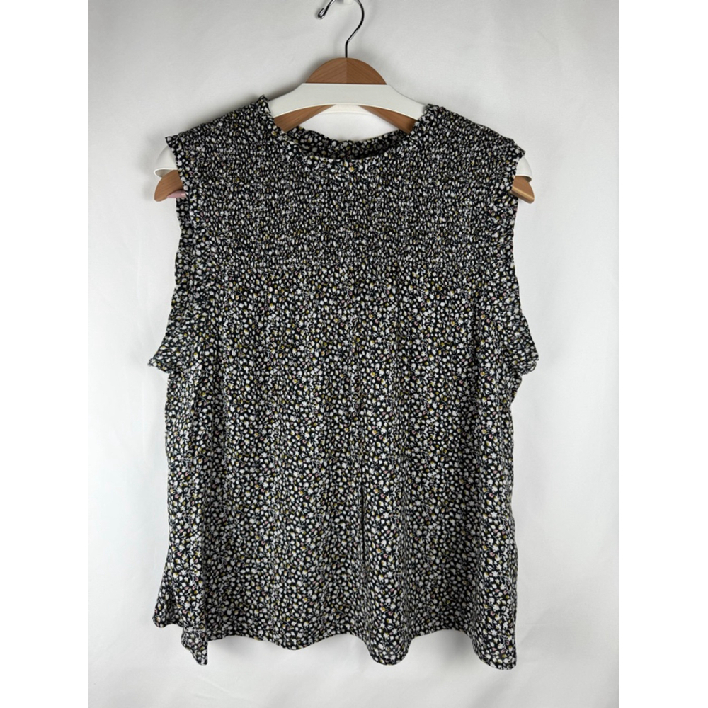 Women's CASLON Smocked Floral Print Sleeveless Top Black/White Size XL